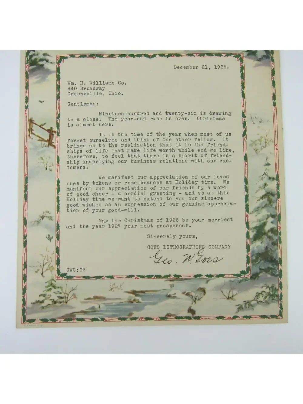 Vintage 1926 Christmas Stationery Sample Horse Sleigh Snow Goes Lithography Co